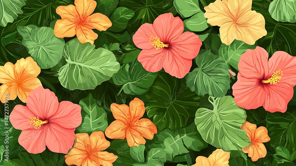 custom made wallpaper toronto digitalHibiscus Flowers Lush Tropical Leaves.