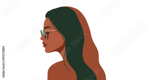 Stylish woman wearing sunglasses with flowing hair against white background  