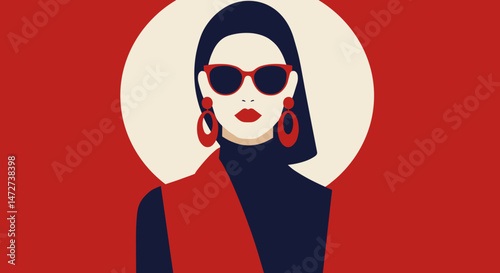 Stylish woman wearing sunglasses with bold red background  