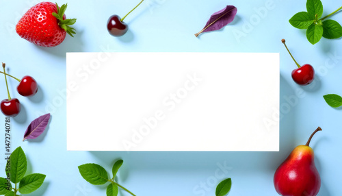 fruits with berries and a blank sheet of paper on a light blue background with space for copying