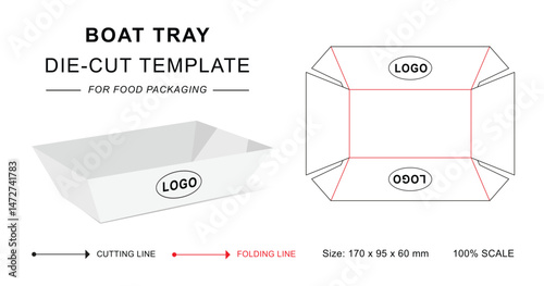 Boat tray die cut template with 3D mockup for food packaging