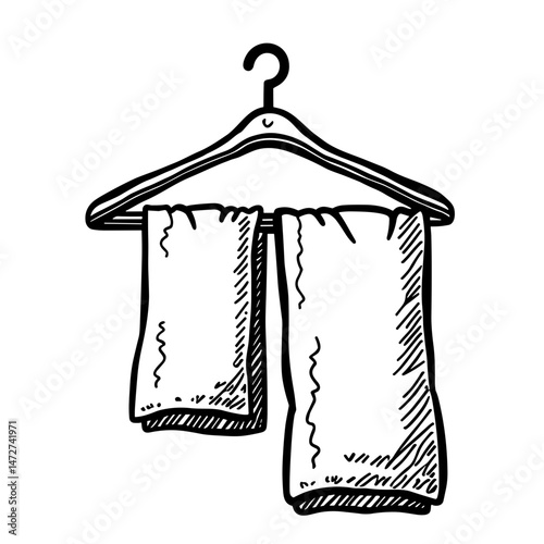 Engraved two towels on hanger icon – concept of bathroom textile hygiene routine and drying tools