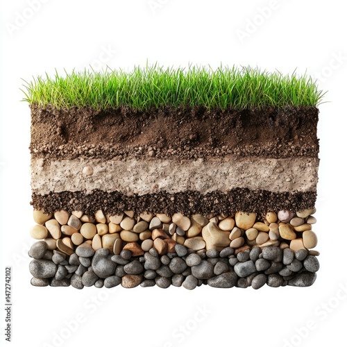 Cross-section of soil layers, from surface to bedrock.  Grass cover on top.  Various layers of earth,  dirt, and gravel