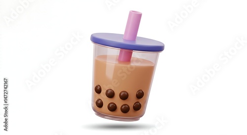 Bubble Tea Drink with Tapioca Pearls and Straw on White