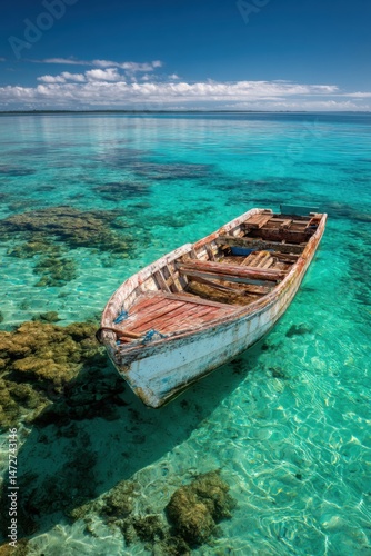 Old fishing boat anchored in a turquoise lagoon near a coral reef with crystal-clear waters photo