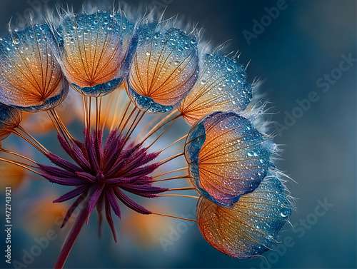 Colorful translucent flowers with dew drops glistening against a soft blue background in early morning light