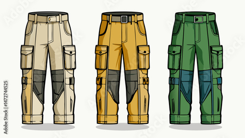 Set of illustrations of pants with side pockets in beige, green and black. Technical drawing of joggers sports pants with pockets, isolate on white background. Drawing of cargo pants front  Very beaut