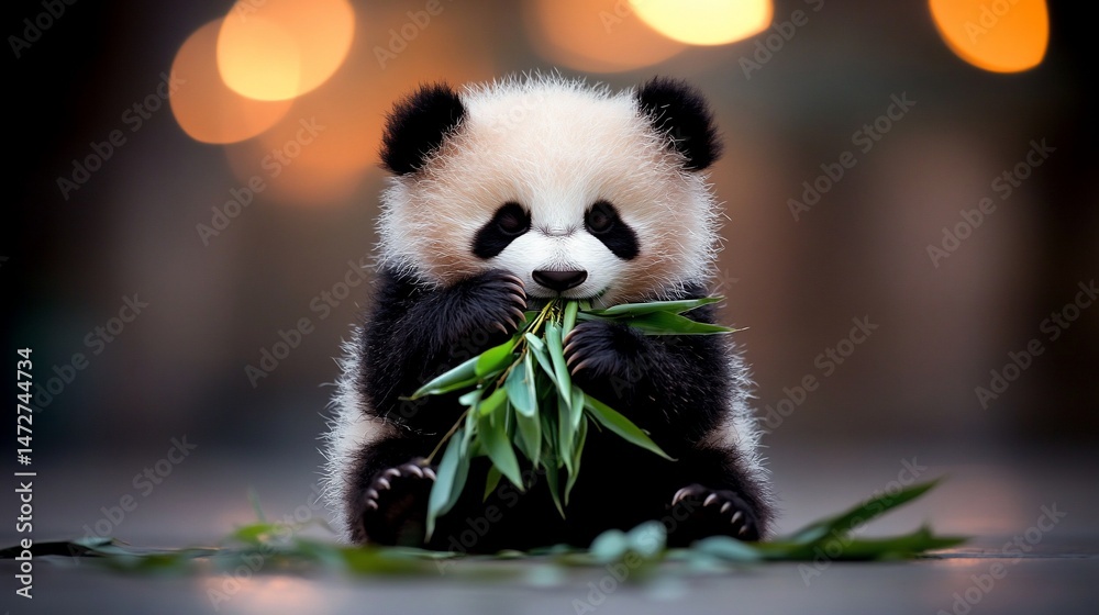 Obraz premium Adorable panda cub sits eating leaves, blurred light background; small, cute