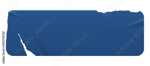 Wrinkled blue rectangle sticker with a ripped paper edge. Badge, price tag. Old distressed blank label with grunge texture for scrapbook designs.	