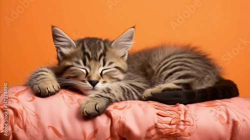 Adorable kitten sleeping peacefully on a soft pillow
