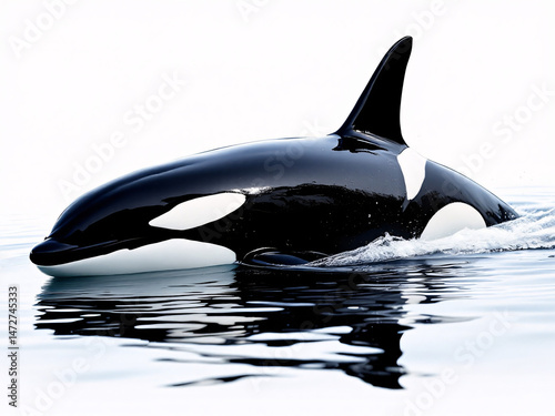 Black and white orca whale swimming underwater, showcasing its powerful and majestic presence.