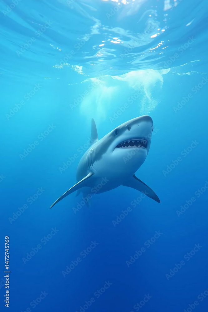 Fototapeta premium Majestic great white shark swimming in deep blue ocean waters.