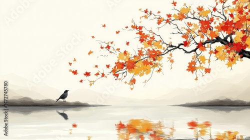 Autumnal Serenity, A Bird's Contemplation by the Lakeside Landscape with Maple Leaves