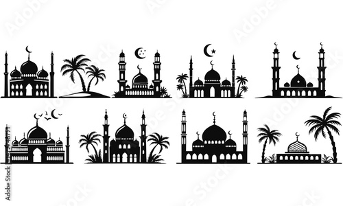 A vector illustration depicts a mosque's silhouette at evening, an architectural symbol of religion in the city
