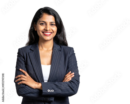 Portrait of a happy Indian business woman in a suit isolated on a transparent background