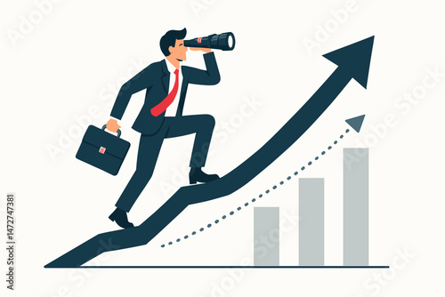 Forward-thinking businessman with spyglass ascends rising stock market chart arrow. Conceptual vector graphic for business vision, financial growth, career progress, and investment forecast.