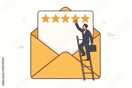 Customer satisfaction concept vector illustration. Businessman with briefcase climbs ladder to complete a five-star rating review in an open envelope, signifying positive feedback.