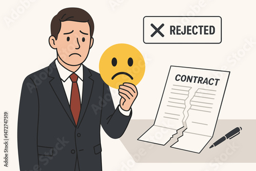 Rejected deal disappointment vector illustration. Unhappy businessman in suit holds sad face emoji, torn contract signifies failure, termination, professional setback, business loss concept.