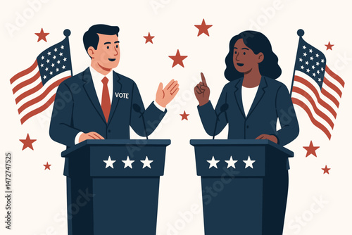 Political candidates, diverse man and woman, engaging in a lively election debate on stage with podiums and American flags, representing democracy, campaign discussion, and voting in the USA.