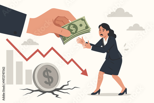 Scared businesswoman receiving money from large hand during economic recession concept vector illustration with declining chart and cracked dollar coin representing financial distress.