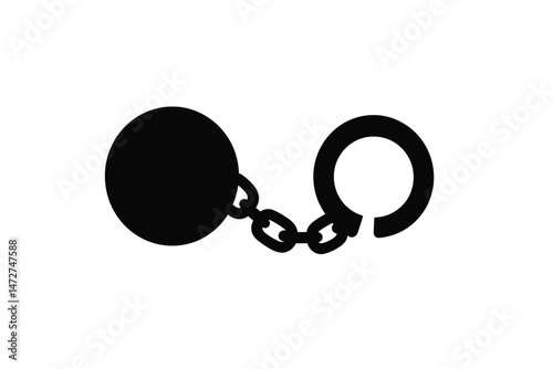 Black vector silhouette of a classic ball and chain with shackle. Minimalist design icon symbolizing imprisonment, burden, debt, restriction, punishment, confinement, or lack of liberty.