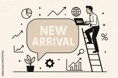 Vector illustration of SEO expert climbing ladder with laptop for New Arrival campaign, achieving business growth, digital marketing analytics icons, minimalist graphic design.