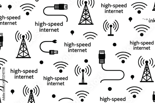 High-speed internet technology seamless pattern background. Vector illustration with wifi symbols, network cables, transmission towers, and connectivity icons for digital communication design.