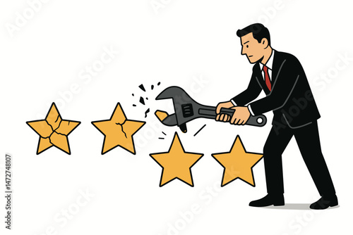 Businessman using a wrench to repair cracked yellow stars, symbolizing fixing customer reviews, improving satisfaction ratings, reputation management, and rebuilding trust vector illustration.