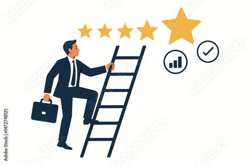 Vector illustration of a determined businessman with briefcase climbing a ladder towards success stars, growth chart, and checkmark icons. Business achievement concept.