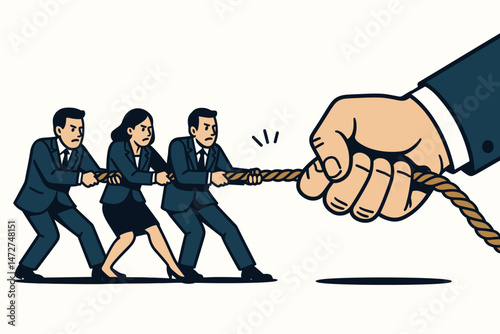 Corporate Tug-of-War Vector Illustration: Business Team Pulling Rope Against Giant Hand, Symbolizing Competition, Conflict, Struggle Against Power, and Workplace Challenges.