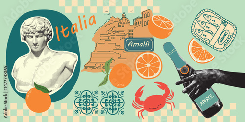Mediterranean summer halftone collage elements. Italian tile. Amalfi. Vector aesthetic illustration of Italian town, oranges, statue, sprats, ornament. Perfect for posters, postcards, background 