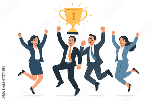 Joyful diverse business team jumps celebrating first place victory with large golden trophy award. Happy corporate colleagues achieve success together, flat vector illustration.