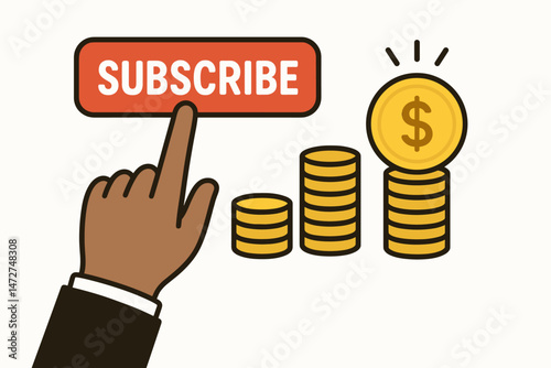 Businessman hand clicking red subscribe button, symbol of online monetization and growing subscription revenue represented by increasing stacks of gold dollar coins. Flat vector graphic.