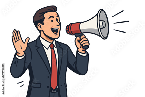 Professional businessman character using a megaphone for public speaking, making a loud announcement or delivering a motivational speech. Vector graphic for business communication.