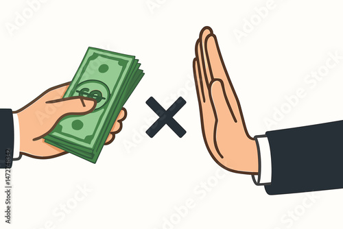Businessman rejecting bribe money offer with stop hand gesture, symbolizing anti-corruption, integrity, and ethical business practices. Financial crime prevention vector concept.