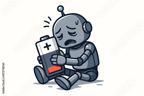 Sad cartoon robot sitting with a depleted low battery needing recharge, vector illustration concept of energy crisis, exhaustion, or power down, isolated on white background.