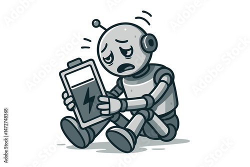 Depressed cartoon robot experiencing an energy crisis, sitting tiredly with a nearly empty battery indicator, grayscale vector graphic symbolizing low power, burnout, and exhaustion.