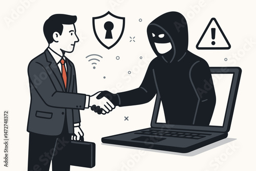 Cybersecurity Threat Concept: Unsuspecting Businessman Shakes Hands with Masked Hacker Emerging from Laptop, Illustrating Online Fraud, Phishing, and Digital Transaction Risks Vector
