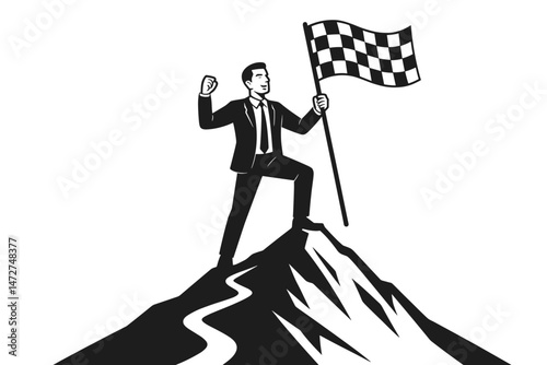 Triumphant professional conquers mountain peak, holding checkered flag symbolising business success, achievement, and reaching the finish line. Simple vector art of goal attainment.