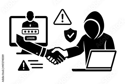 Vector illustration of online fraud and phishing attack: Hooded hacker shaking hands through computer monitor, stealing login password data, symbolizing digital security risks.