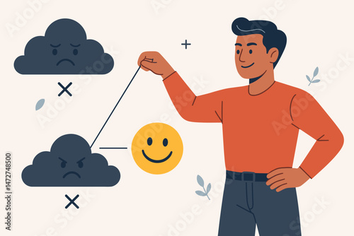 Positive mindset concept vector illustration: Man actively chooses happiness and optimism, rejecting negative emotion clouds representing sadness and anger for improved mental well-being.