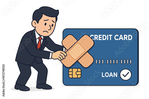 Credit repair and debt recovery metaphor: Worried cartoon businessman puts plasters on a large credit card representing a loan. Financial struggle and fixing bad credit vector concept.