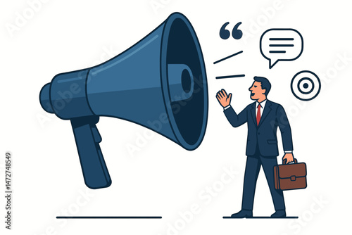Businessman making an important announcement with a large megaphone, concept for marketing, leadership, and public communication. Vector illustration isolated on white background.