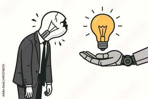 AI offers solutions: Robot hand gives a glowing lightbulb idea to a businessman with a broken bulb head, symbolizing renewed inspiration, technological help, innovation, and overcoming burnout.