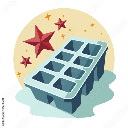 Ice cube tray against a whimsical starry background  