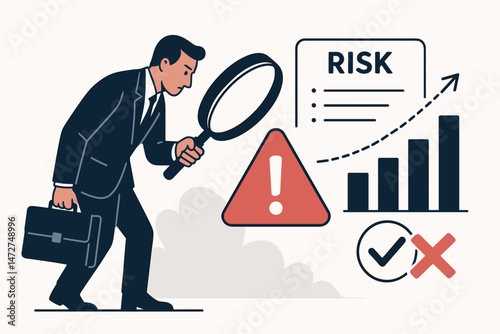 Corporate professional conducts thorough risk analysis and assessment with magnifying glass, evaluating growth charts and potential warnings for strategic planning vector art.