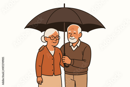 Senior man and woman protected under an umbrella, illustrating love, companionship, financial security, and healthcare planning for happy retirement golden years. Flat vector design.