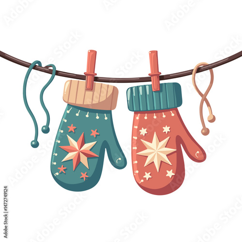 Decorative winter mittens hanging on a string  