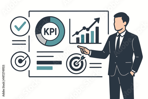 Modern flat vector of a presenter pointing at a KPI dashboard. Includes donut chart, growth graph, target, and checkmark icons for business performance review and strategic goals.