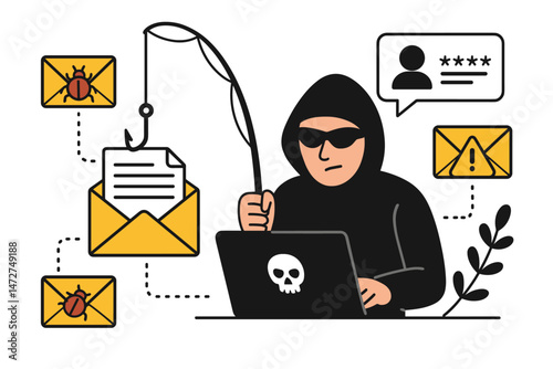 Vector illustration of email phishing attack concept. Hacker in hoodie uses laptop and fishing hook to steal sensitive data, passwords. Cybersecurity fraud, scam, malware symbols.